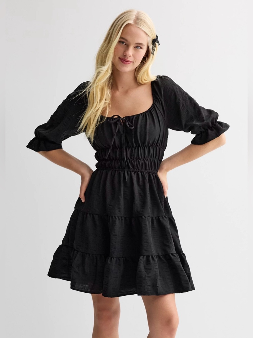 Liberty Love Black Smocked Tiered Mini Dress with Puff Sleeves